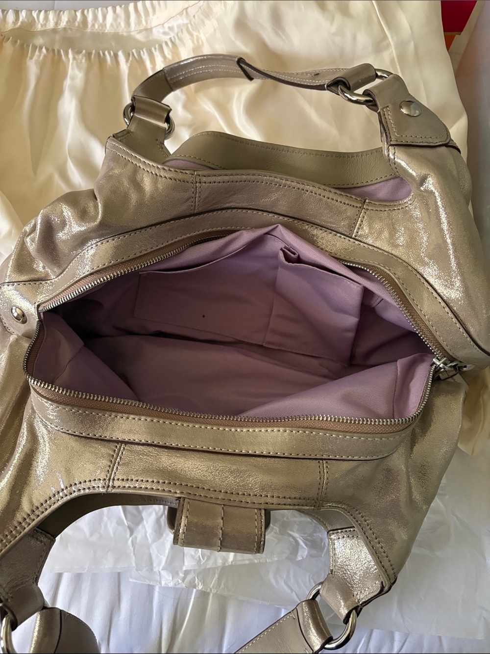 Coach Metallic Taupe Shoulder Bag with Buckle Accent - Picture 2 of 4